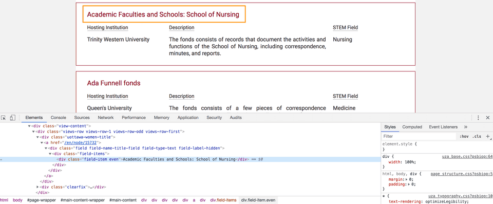 Screenshot of the Canadian Archive of Women in STEM portal